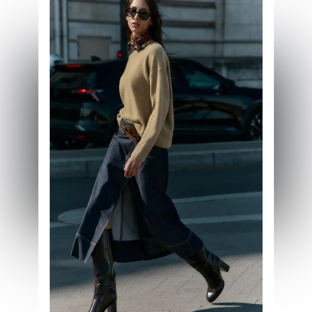 ZARA BELTED DENIM MIDI WRAP SKIRT Z1975